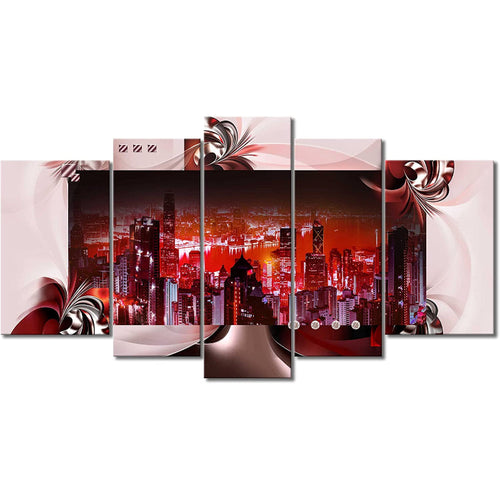 Set Of 5 Red Cityscape Canvas Wall Art Painting | Bowlift