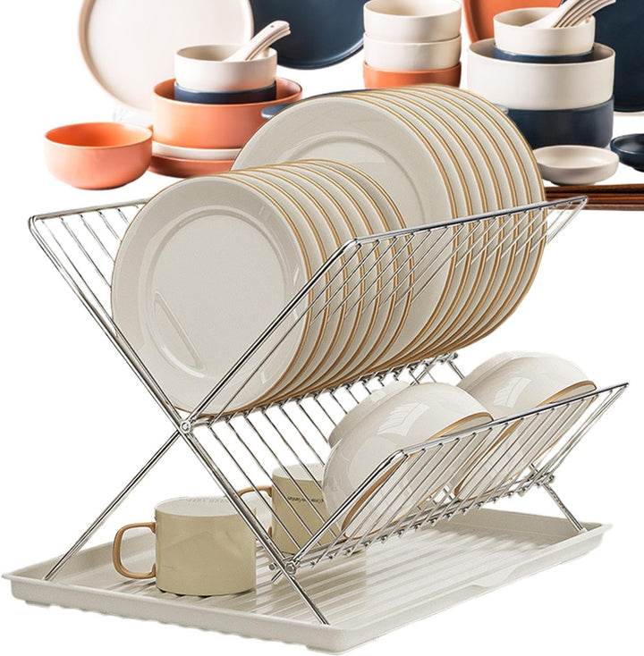 BowLift | Folding Dish Drying Rack – 2-Tier Countertop Drainer with Detachable Tray – Kelvra