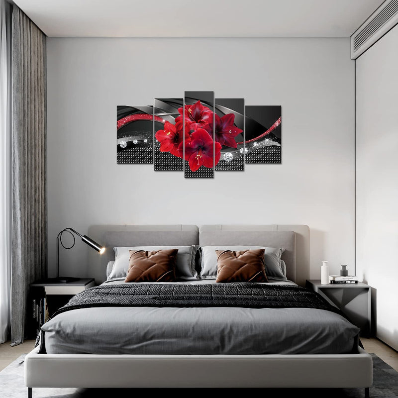 Set Of 5 Red Lily Canvas Wall Art Painting | Bowlift