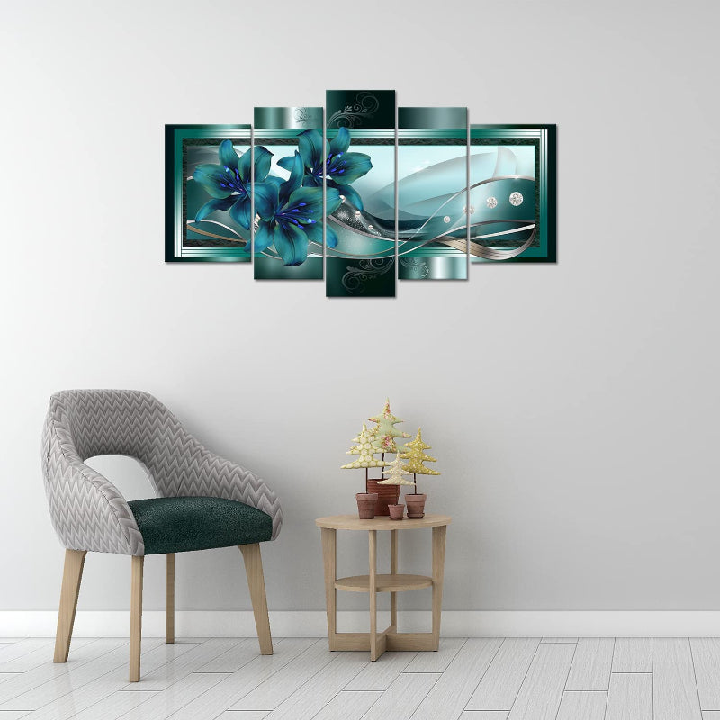 Set Of 5 Teal Lily Canvas Wall Art Painting | Bowlift