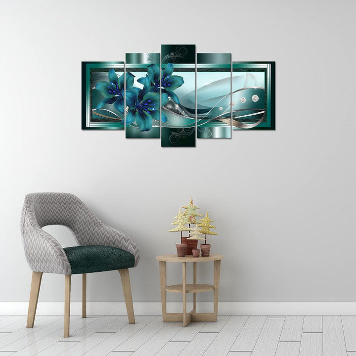 Set Of 5 Teal Lily Canvas Wall Art Painting | Bowlift