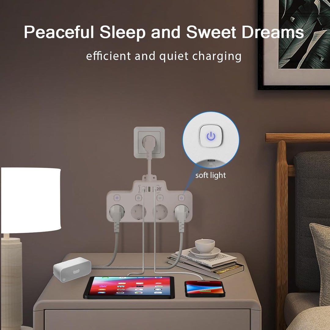 BowLift | Swivel Wall-Mounted Power Strip with Independent Switches – 3 Outlets + 2 USB-A + 1 USB-C Ports