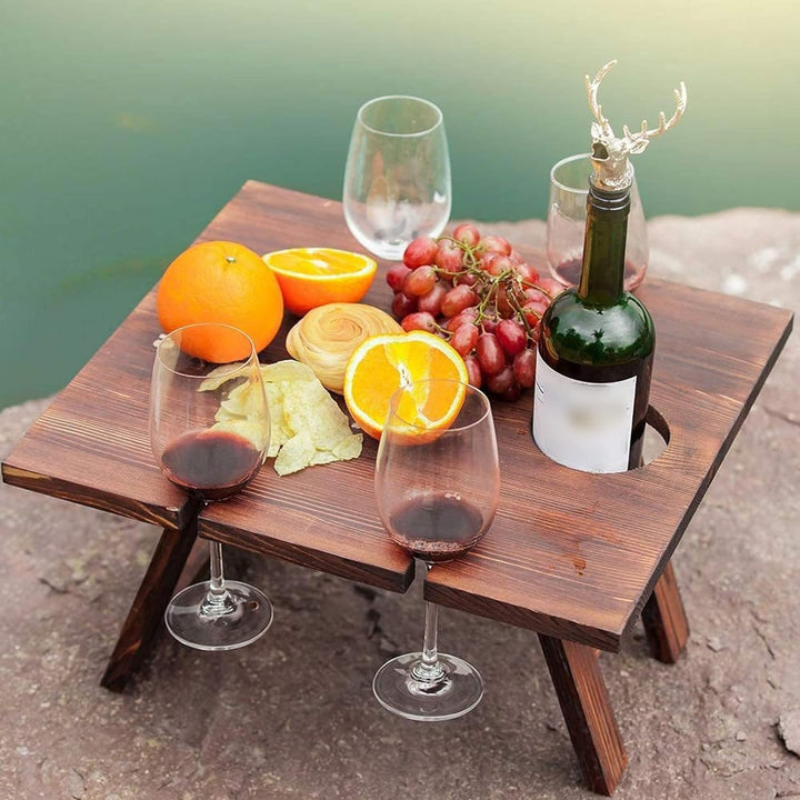 BowLift | Portable Wine Table Vinlora FoldWood | Foldable & Mobile | Made of Wood | With Bottle & Glass Holder | For Picnic, Garden & Camping