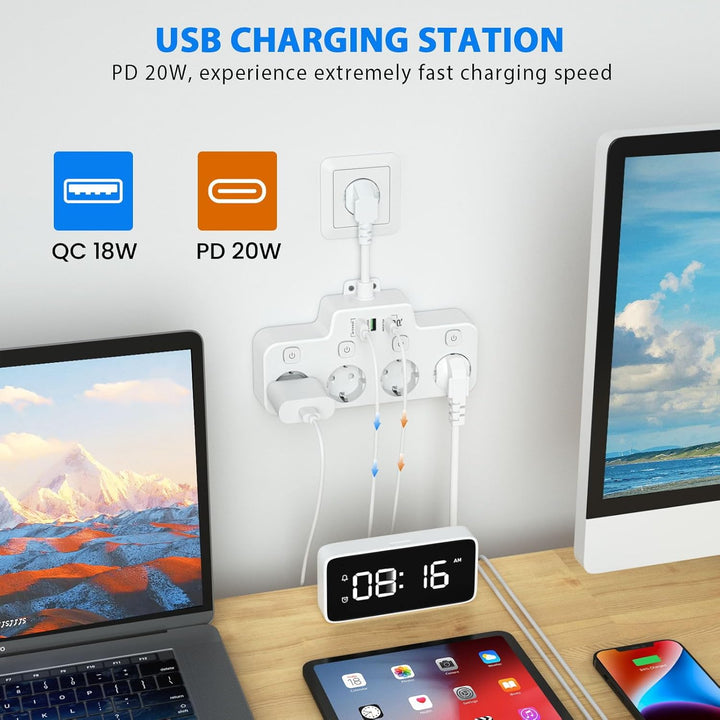 BowLift | Swivel Wall-Mounted Power Strip with Independent Switches – 3 Outlets + 2 USB-A + 1 USB-C Ports
