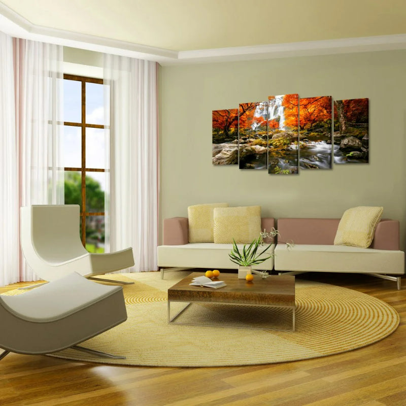 Set Of 5 Autumn Forest Waterfalls Decorative Canvas | Bowlift