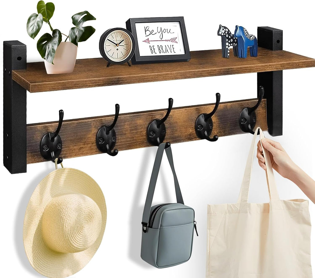 BowLift | Wall-Mounted Coat Rack with Shelf and 5 Metal Hooks – Ravora