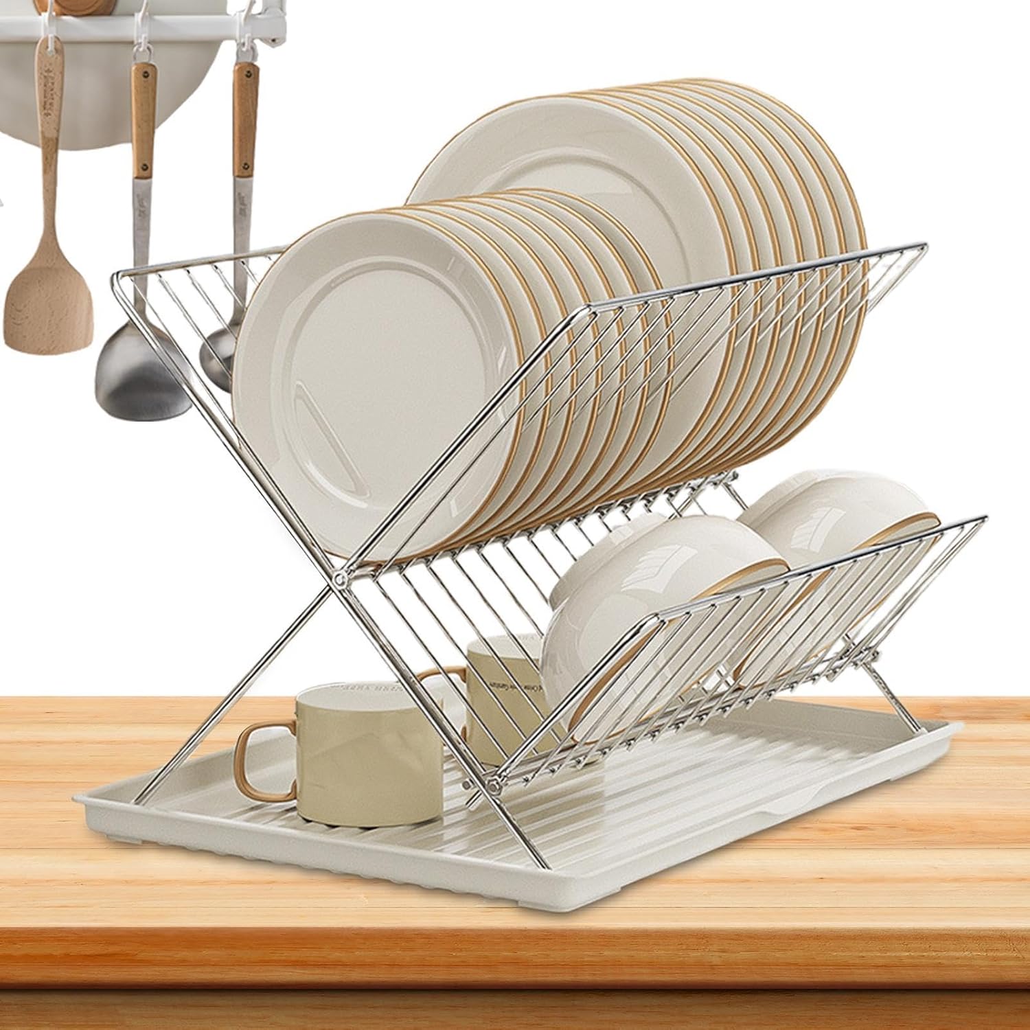 BowLift | Folding Dish Drying Rack – 2-Tier Countertop Drainer with Detachable Tray – Kelvra