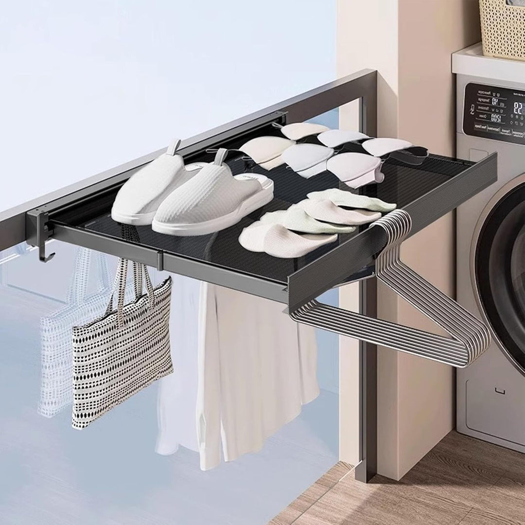 BowLift | Wall-Mounted Clothes Drying Rack with Grid Shelf and Hook Rail – Space-Saving Laundry Solution