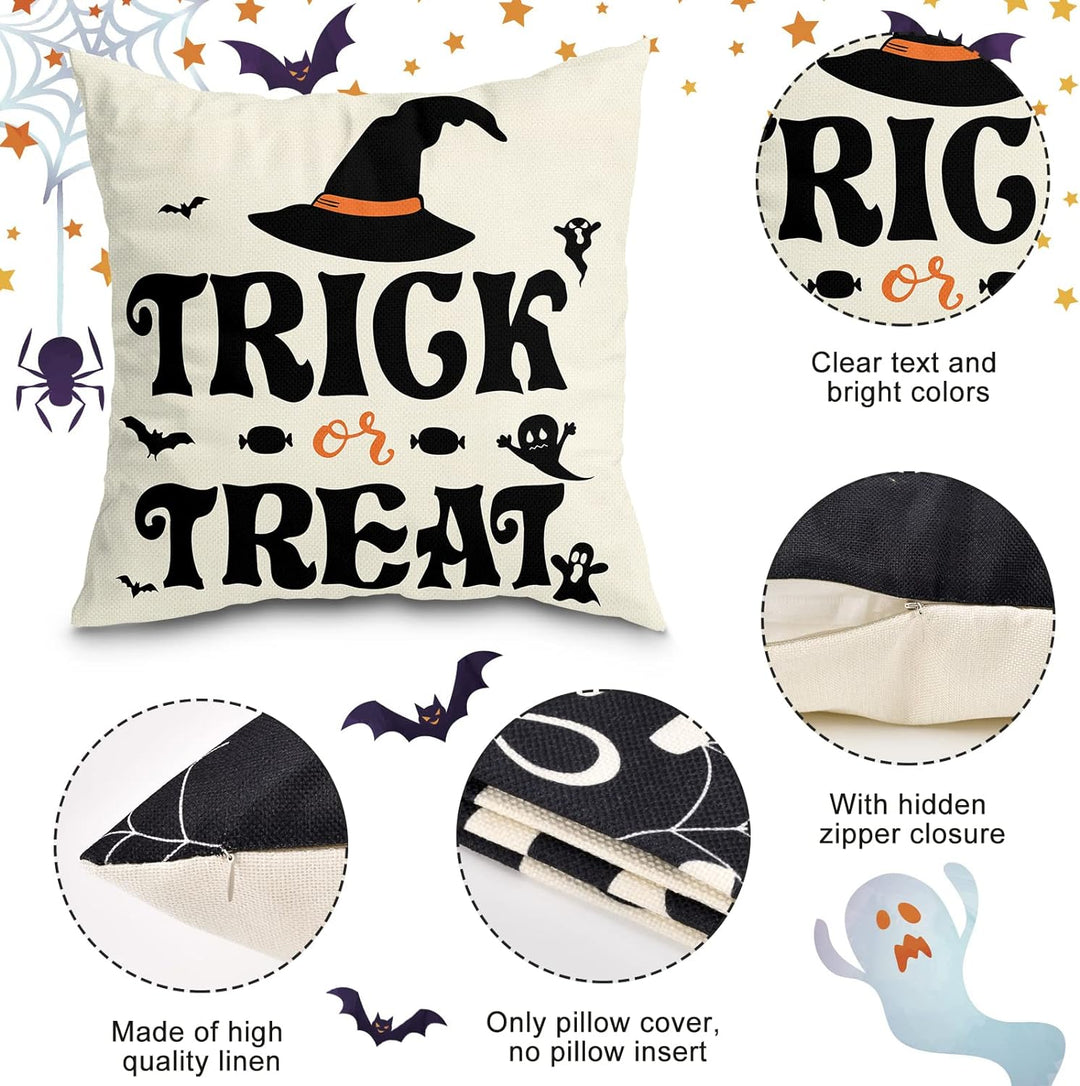 Set Of 4 Halloween Pillow Covers -  Spider Web, Cat, Skull Decorative Cushion Cases (45 x 45 CM) Bowlift