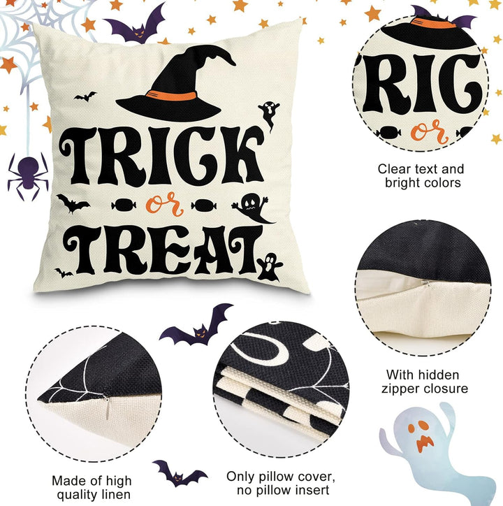 Set Of 4 Halloween Pillow Covers -  Spider Web, Cat, Skull Decorative Cushion Cases (45 x 45 CM) Bowlift