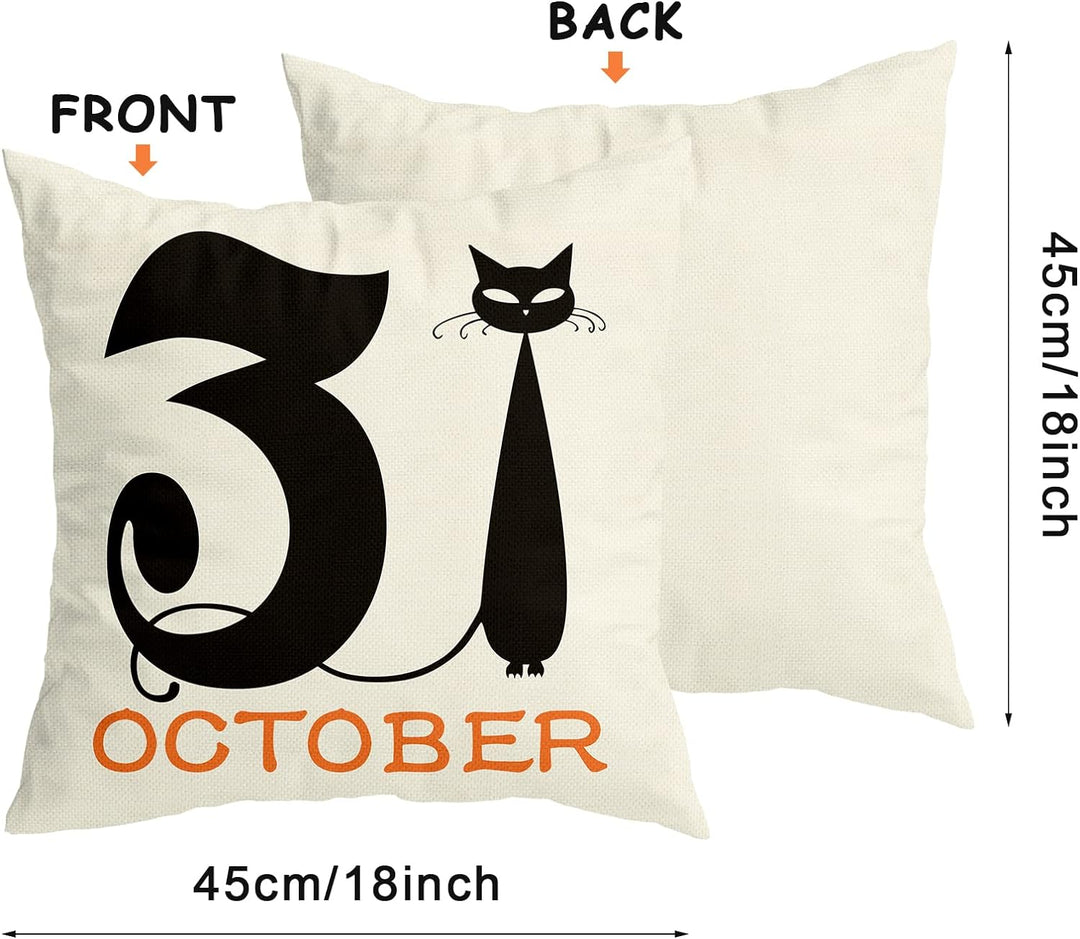 Set Of 4 Halloween Pillow Covers -  Spider Web, Cat, Skull Decorative Cushion Cases (45 x 45 CM) Bowlift