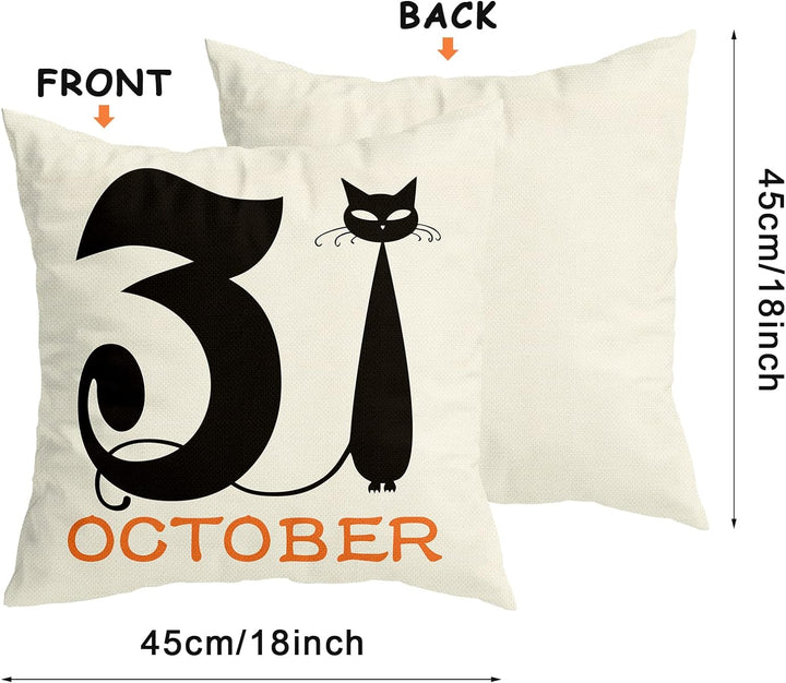 Set Of 4 Halloween Pillow Covers -  Spider Web, Cat, Skull Decorative Cushion Cases (45 x 45 CM) Bowlift