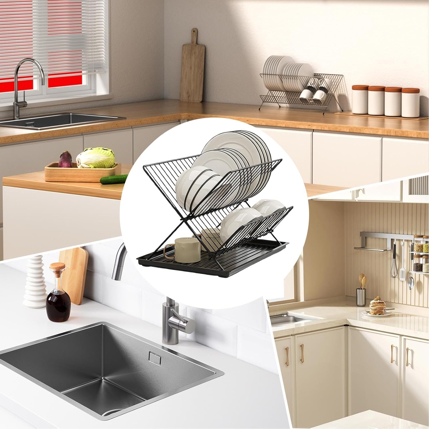 BowLift | Folding Dish Drying Rack – 2-Tier Countertop Drainer with Detachable Tray – Kelvra