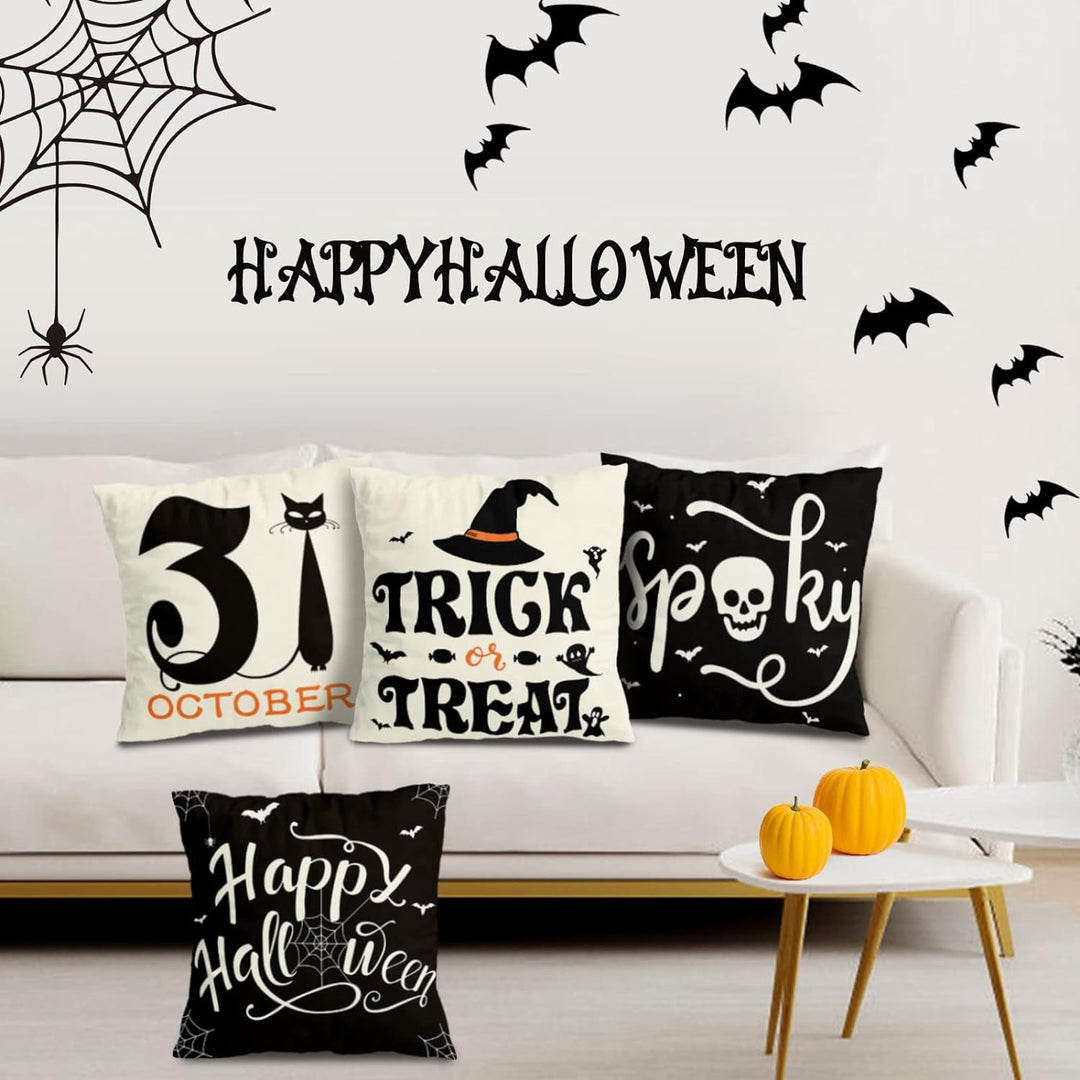 Set Of 4 Halloween Pillow Covers -  Spider Web, Cat, Skull Decorative Cushion Cases (45 x 45 CM) Bowlift