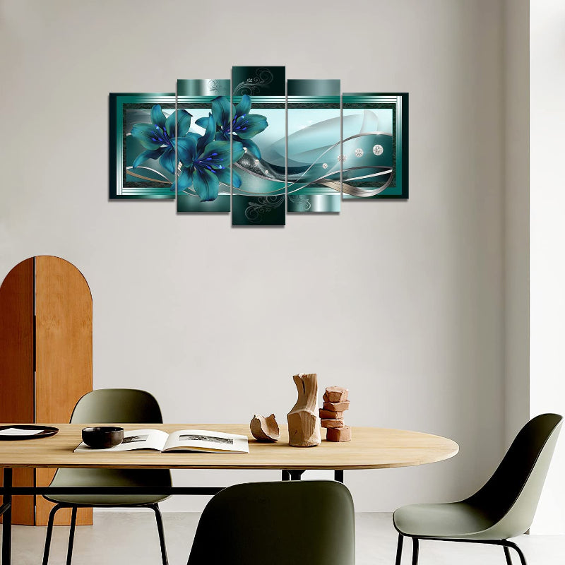 Set Of 5 Teal Lily Canvas Wall Art Painting | Bowlift