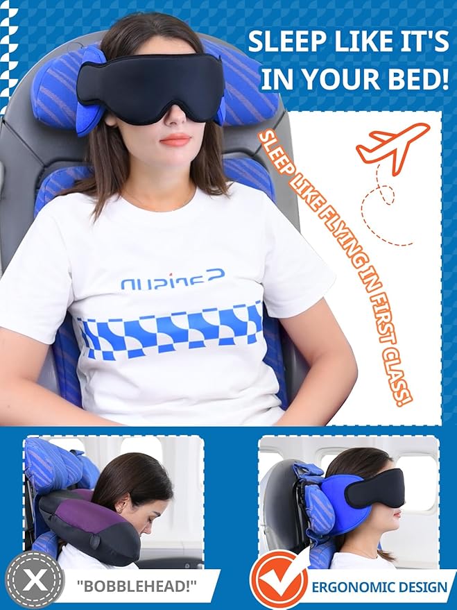 BowLift | 360° travel neck pillow set with adjustable head strap and eye mask for sleeping comfort
