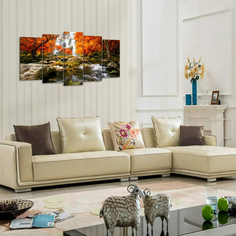 Set Of 5 Autumn Forest Waterfalls Decorative Canvas | Bowlift
