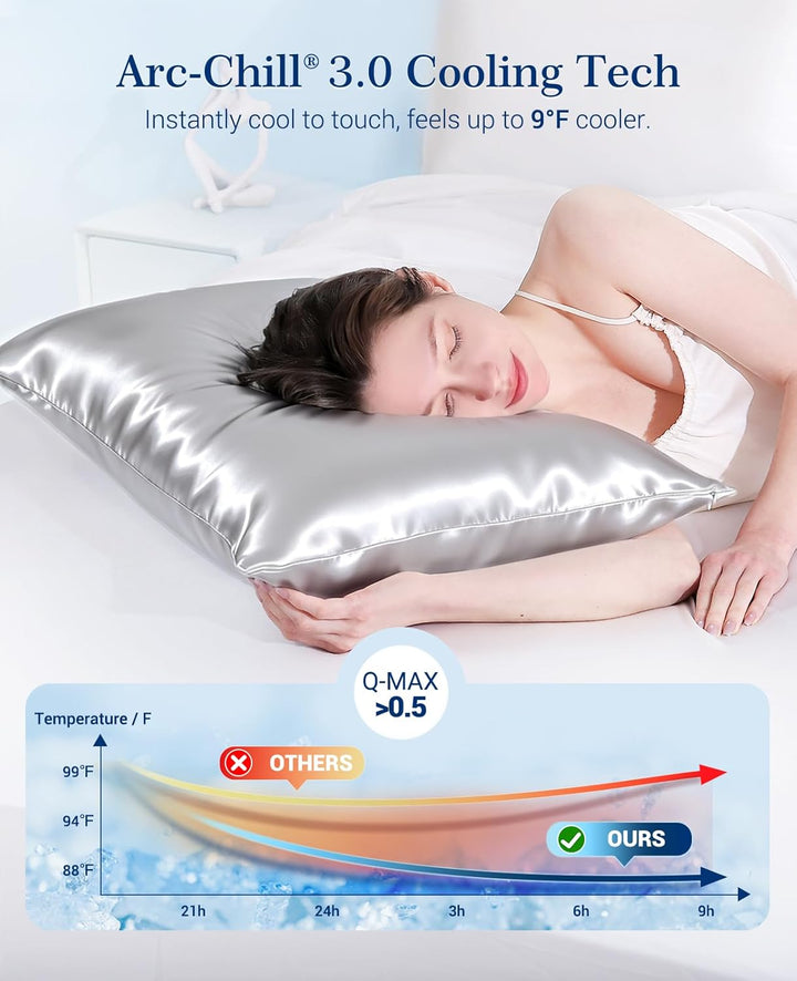 Cooling Pillowcases Q-max>0.5, 2-Pack, Soft & Hair-Friendly- Silver Gray | Bowlift