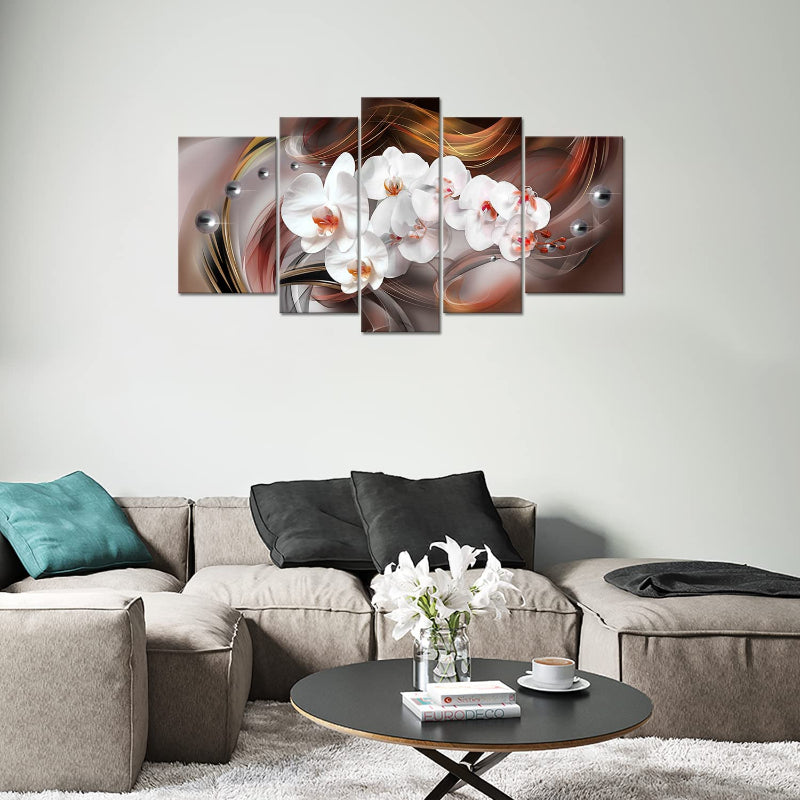 Set Of 5 White Orchid Canvas Wall Art Painting | Bowlift