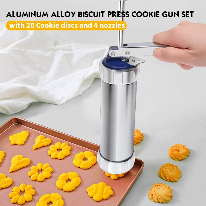 BowLift | Cookie Press Kit | 20 Stainless Steel Discs & 4 Nozzles | Adjustable Size & Easy Clean | BakeJoy