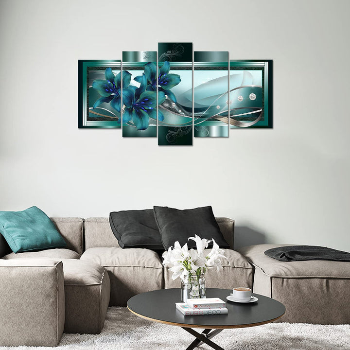 Set Of 5 Teal Lily Canvas Wall Art Painting | Bowlift