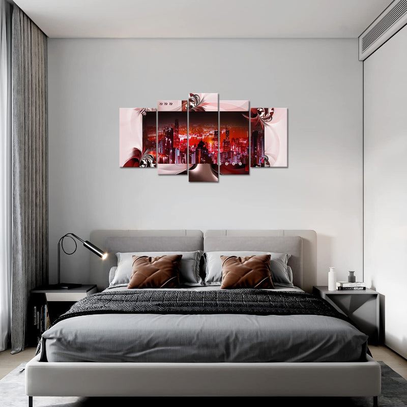 Set Of 5 Red Cityscape Canvas Wall Art Painting | Bowlift