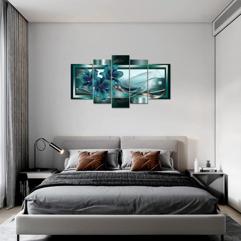Set Of 5 Teal Lily Canvas Wall Art Painting | Bowlift