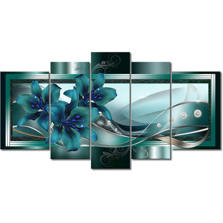 Set Of 5 Teal Lily Canvas Wall Art Painting | Bowlift