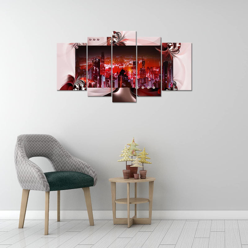 Set Of 5 Red Cityscape Canvas Wall Art Painting | Bowlift