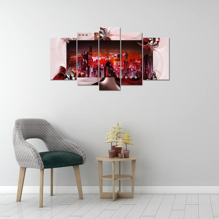 Set Of 5 Red Cityscape Canvas Wall Art Painting | Bowlift
