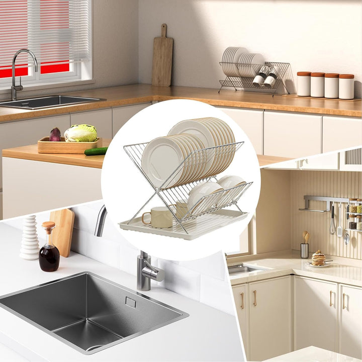 BowLift | Folding Dish Drying Rack – 2-Tier Countertop Drainer with Detachable Tray – Kelvra