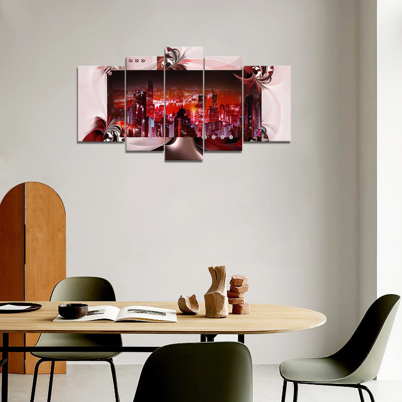 Set Of 5 Red Cityscape Canvas Wall Art Painting | Bowlift
