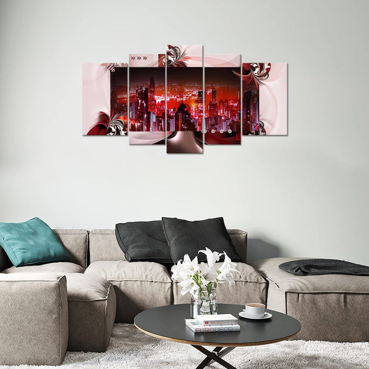 Set Of 5 Red Cityscape Canvas Wall Art Painting | Bowlift