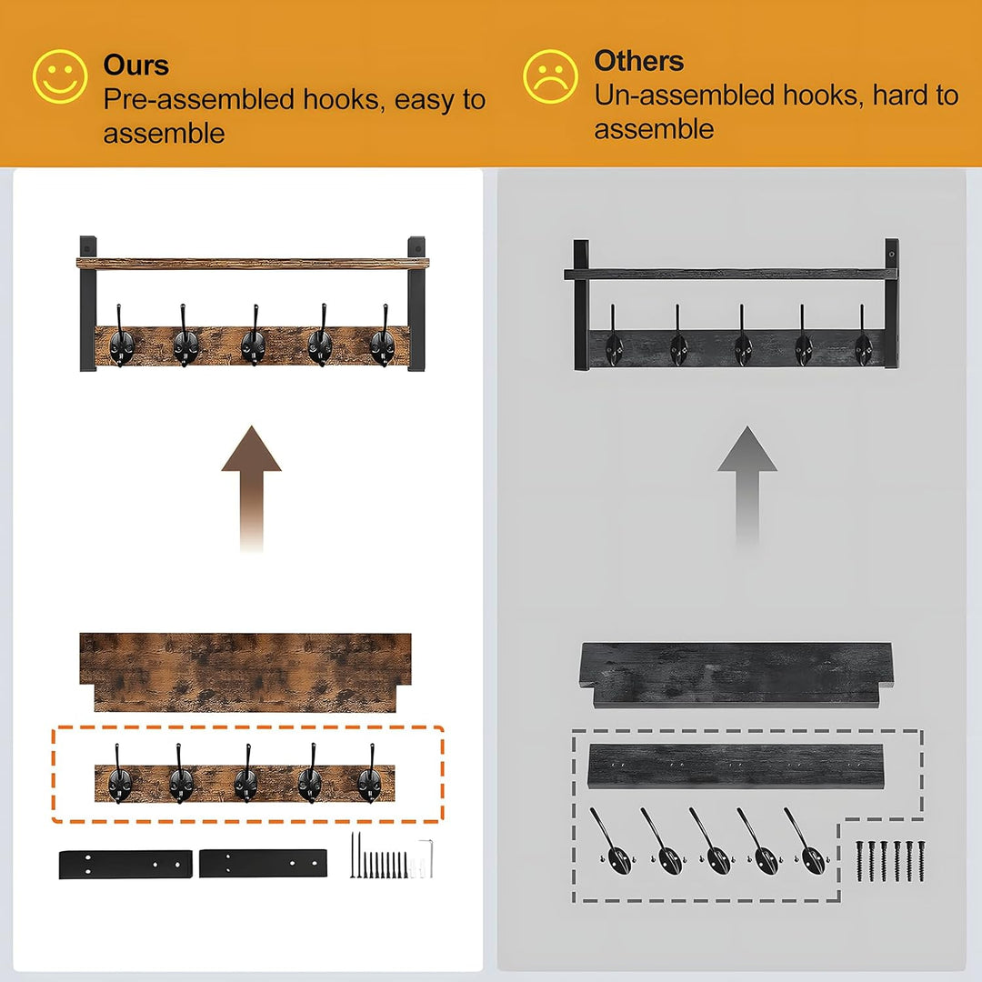 BowLift | Wall-Mounted Coat Rack with Shelf and 5 Metal Hooks – Ravora