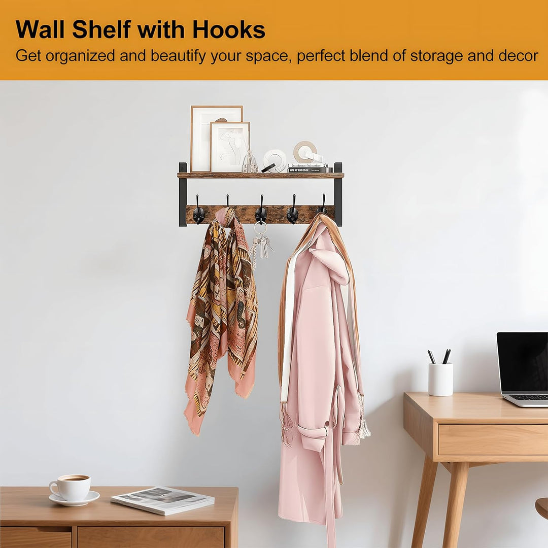 BowLift | Wall-Mounted Coat Rack with Shelf and 5 Metal Hooks – Ravora