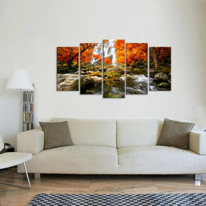 Set Of 5 Autumn Forest Waterfalls Decorative Canvas | Bowlift