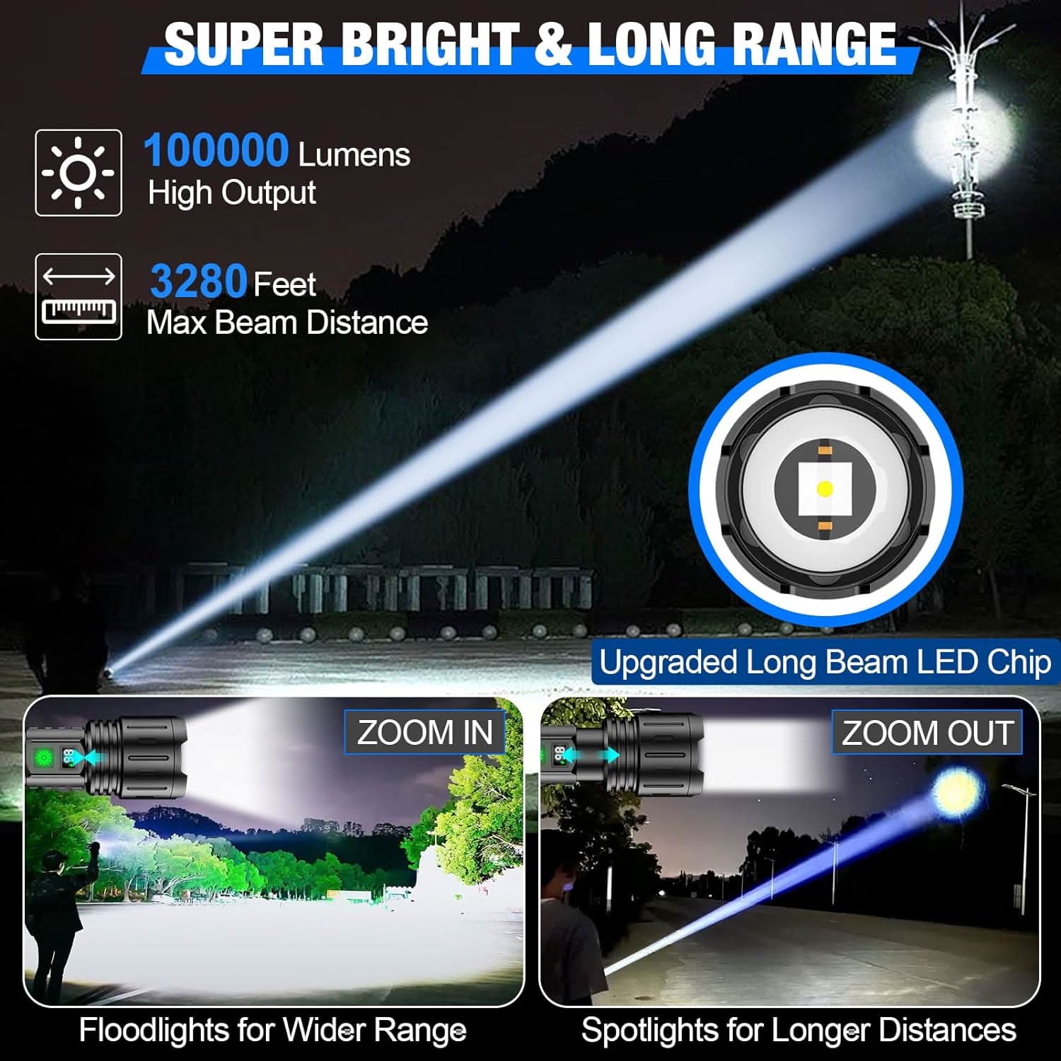 BowLift | BEAMFORCE X100 – LED flashlight with 100,000 lumens, 5 light modes & power bank function