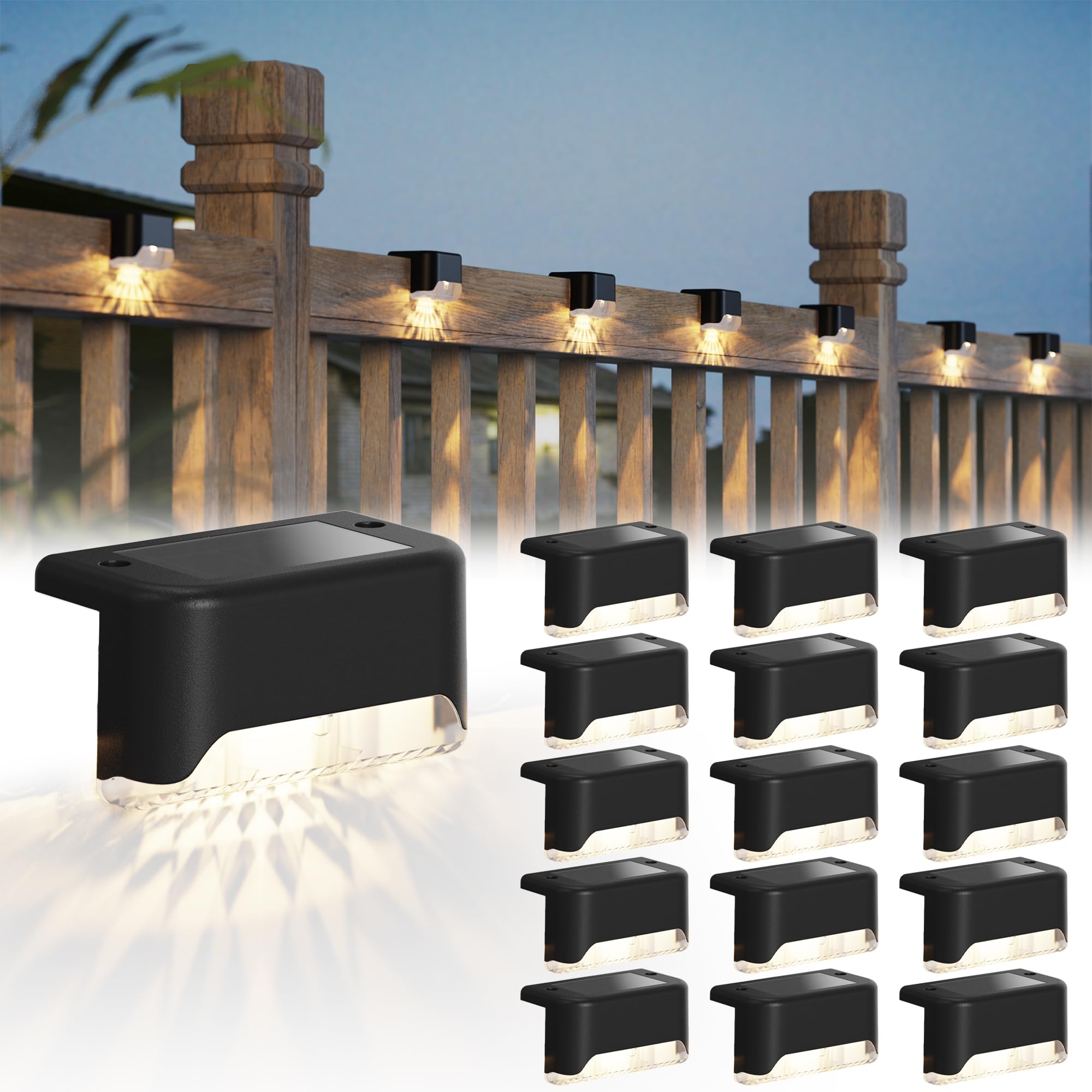 BowLift | 16 Pack Solar Deck Light - Weatherproof LED Fence Light for Garden, Terrace, Stairs, Black