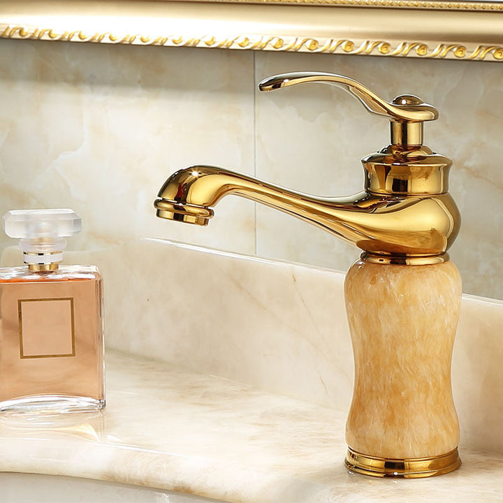 BowLift | Deck Mounted Copper Tub Faucet Low Arc Roman Tub Faucet Set with Jade
