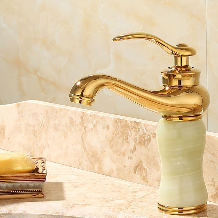 BowLift | Deck Mounted Copper Tub Faucet Low Arc Roman Tub Faucet Set with Jade