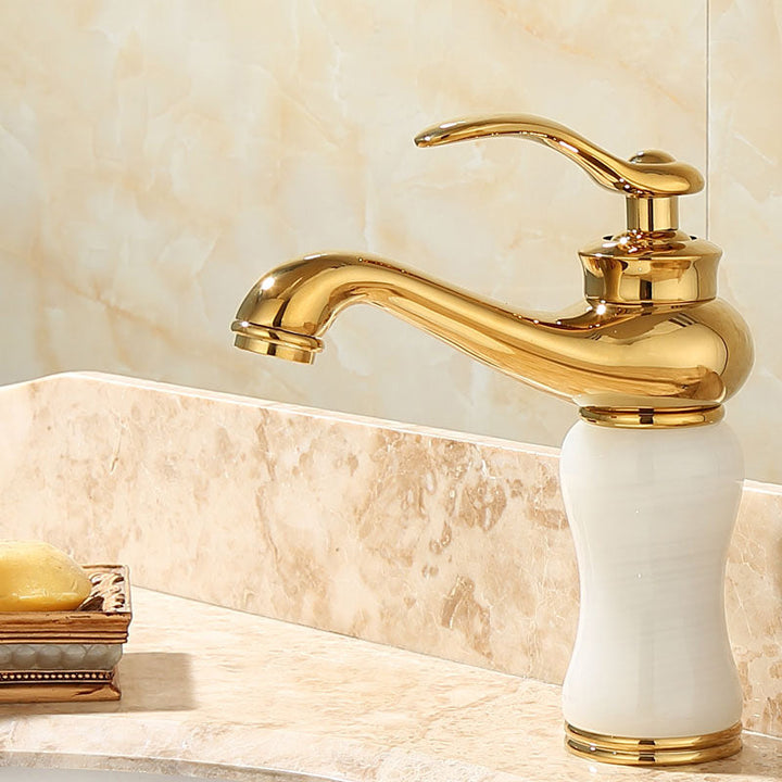 BowLift | Deck Mounted Copper Tub Faucet Low Arc Roman Tub Faucet Set with Jade