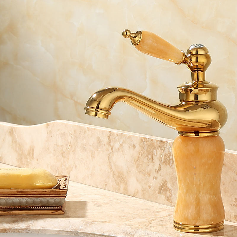 BowLift | Deck Mounted Copper Tub Faucet Low Arc Roman Tub Faucet Set with Jade