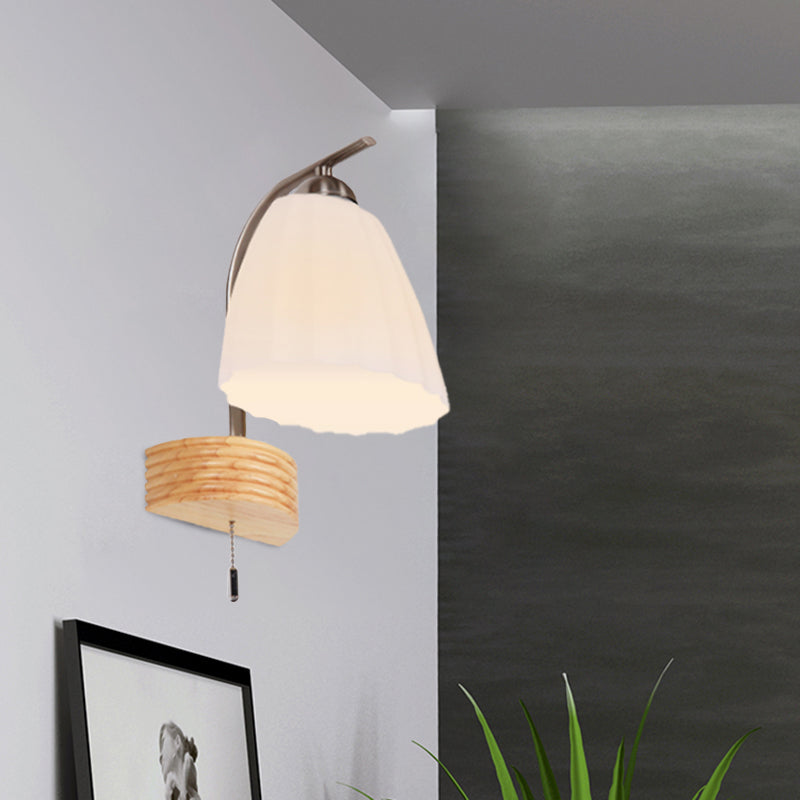 BowLift | Milk Ribbed Glass Flared Wall Light Modern 1 Head Wall Lamp with Pull Switch and Wood Back Plate