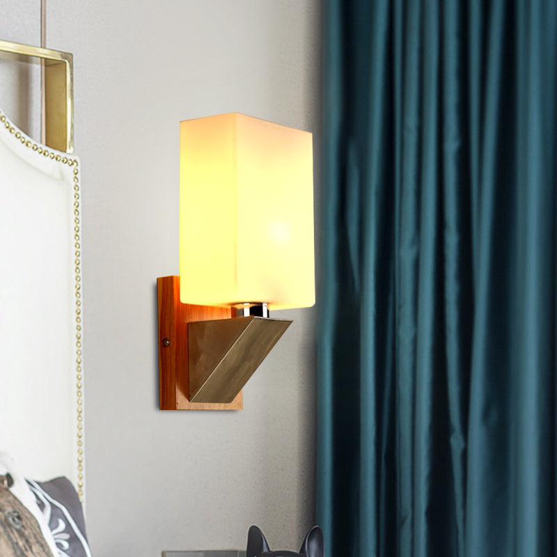BowLift | Cube Wall Light Modern White Frosted Glass 1 Head Wood Wall Lamp with Triangle Metal Base