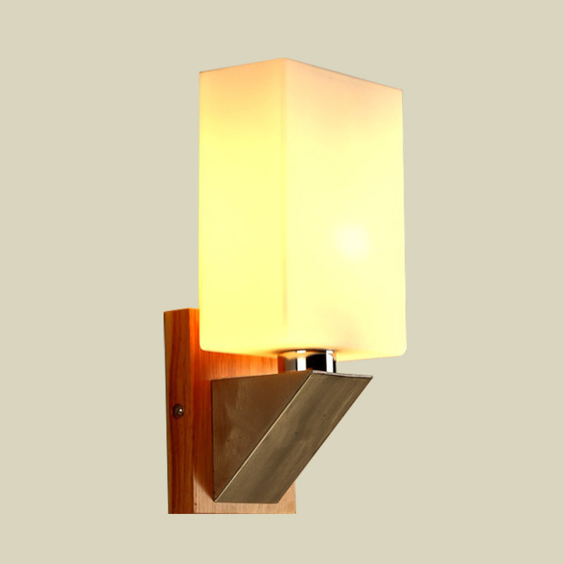 BowLift | Cube Wall Light Modern White Frosted Glass 1 Head Wood Wall Lamp with Triangle Metal Base