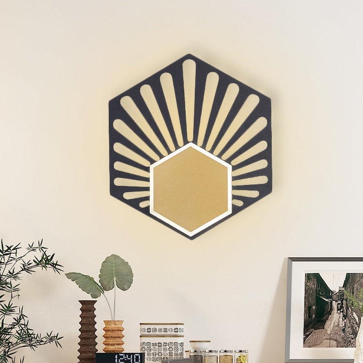 BowLift | Hexagon Wall-Mounted Light Modernist Metallic LED Nightstand Wall Lamp in Black with Fan Design, 8"/10" Wide