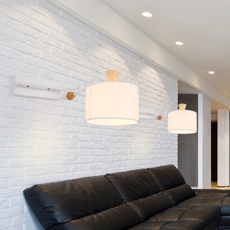 BowLift | Drum Fabric Wall Light Modern 1 Bulb White Surface Wall Mounted Lamp with Rotatable Arm