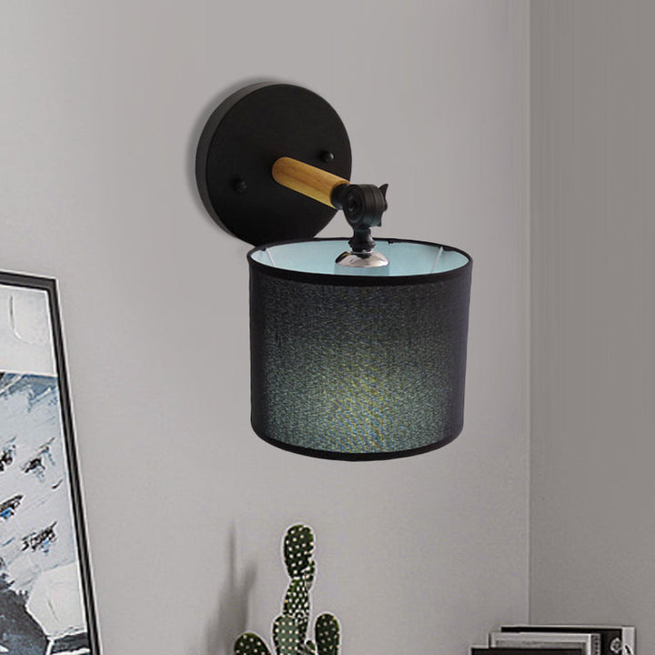 BowLift | Modernist Armed Wall Lamp Wood 1 Light Bed Lamp with Black Drum Fabric Shade