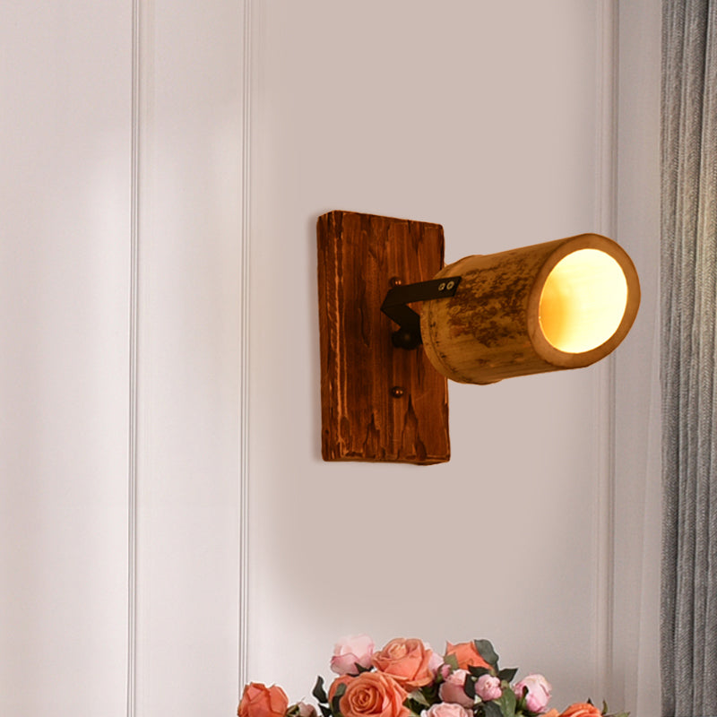 BowLift | Vintage Cylinder Wall Lamp Sconces 2/3-Light Bamboo Wall Lamp in Brown with Linear Wooden Backplate
