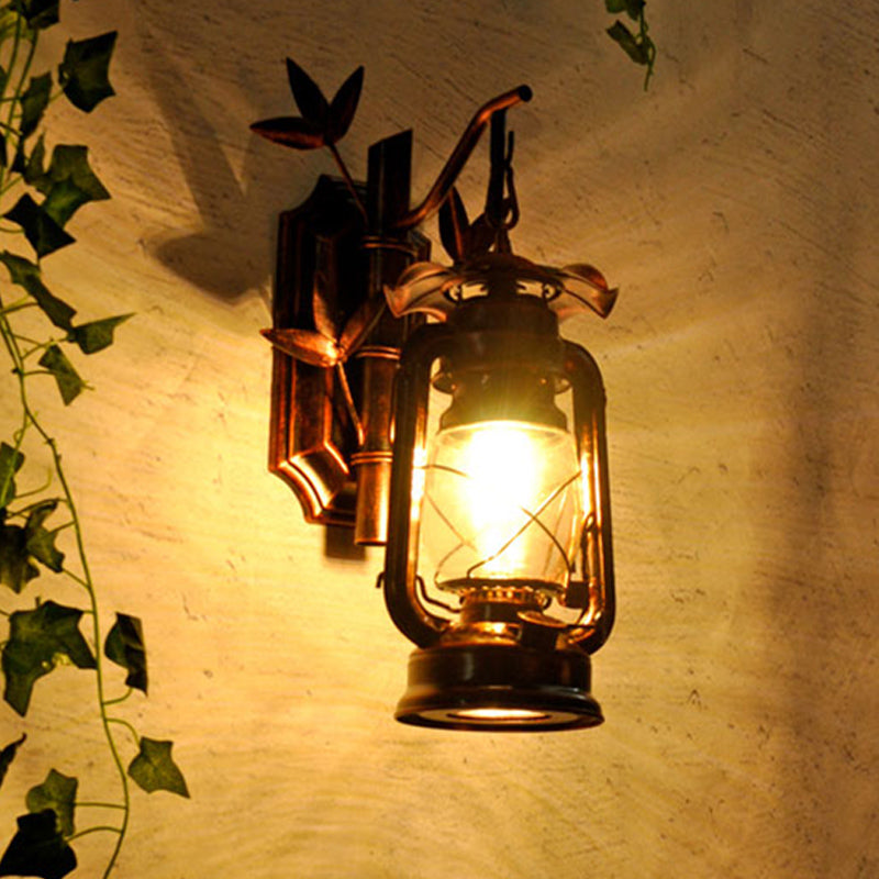 BowLift | Industrial Lantern Wall Lamp 1 Head Clear Glass Wall Plate Lighting Fixture in Bronze/Copper with Metal Bamboo Back Plate